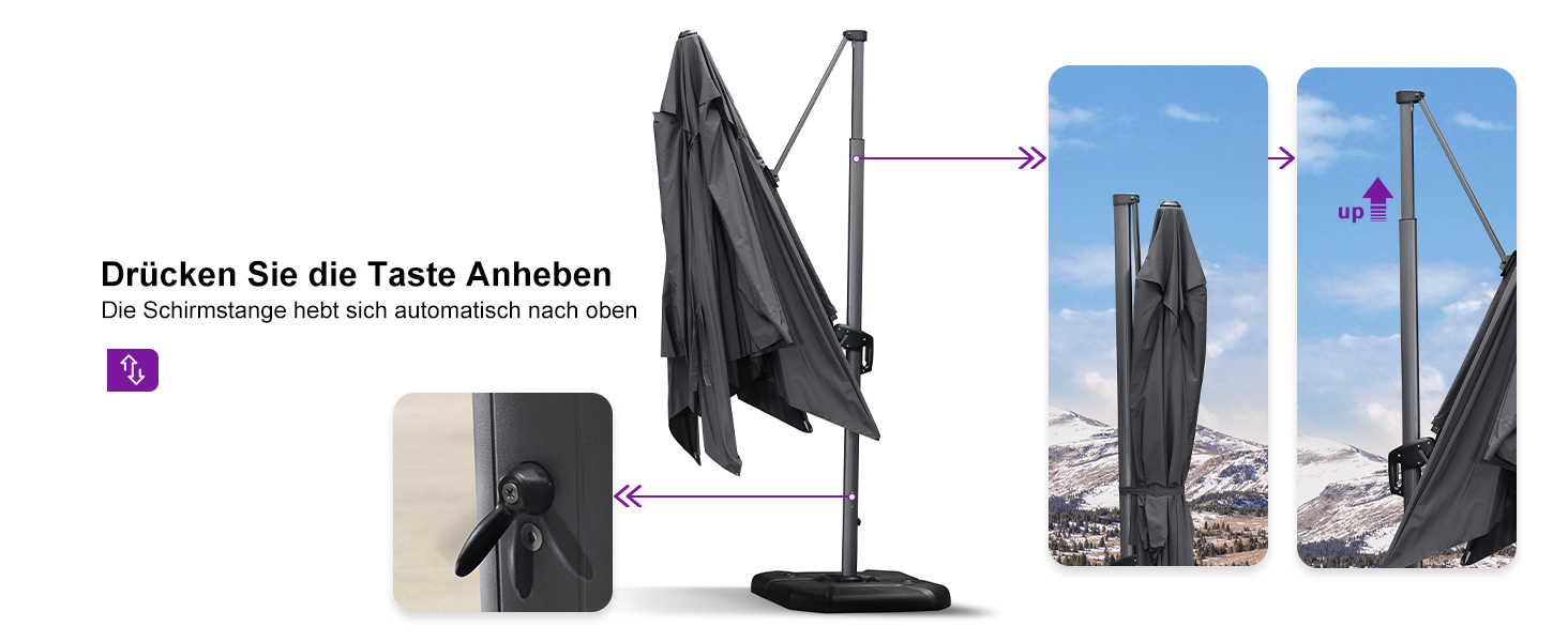 Парасолька від сонця PURPLE LEAF 350x350 см, велика садовий ампельний зонт з рукояткою, поворотом на 360° та хрестою основою для тераси та балкона, сіра