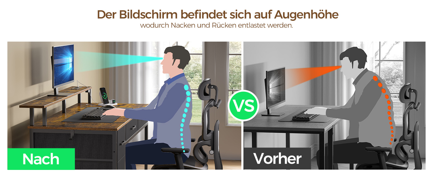 Комп'ютерний стіл Seventable з розетками та LED-підсвіткою, 100 см, геймінговий стіл з 5 висувними ящиками та підставкою для монітора, для офісу, кабінету, спальні, вітальні (Вінтажний коричневий)