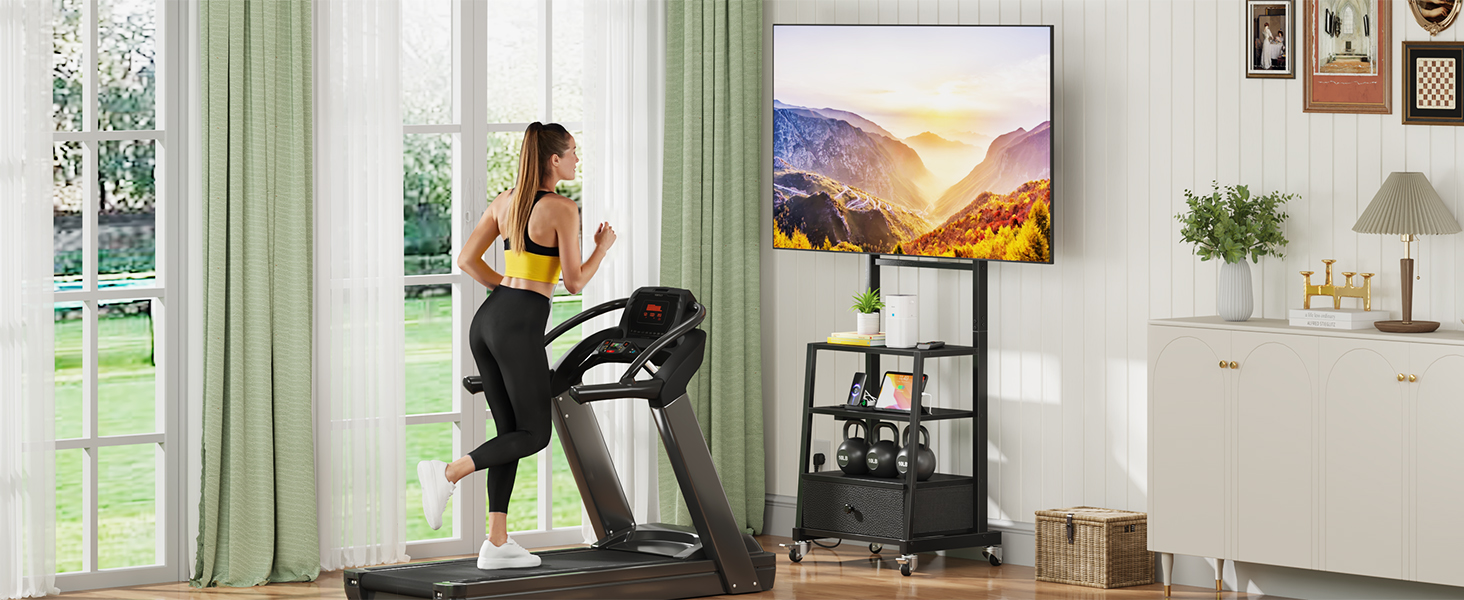 Підставка для телевізора на колесах з ящиком, чорна, 140 см. Підходить для телевізорів 32-75 дюймів