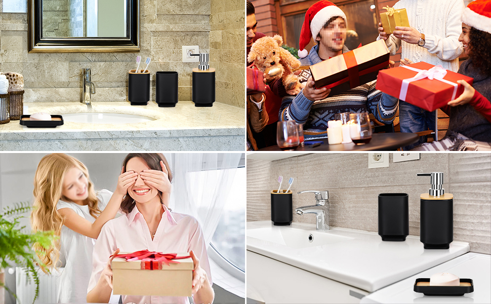 Набір аксесуарів для ванної кімнати JOTOM 6 шт. з бамбука, чорний: мильниця, дозатор мила, тримач для зубних щіток, стакан, сміттєве відро