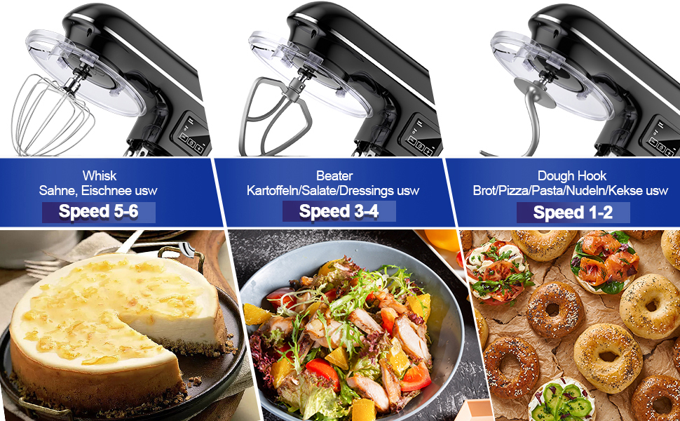 Кухонна машина 1500W 8L з 6 швидкостями, функцією ферментації та LCD-дисплеєм. В комплекті міксер, гак для тіста та вінчик. Чорний колір.