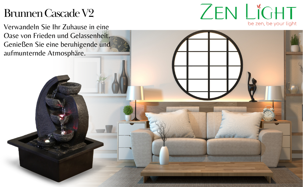 Джерело води Zen'Light Zimmerbrunnen V2 з 4 рівнями, імітація натурального каменю та кольоровим LED-підсвічуванням. Сучасна декор для столу, ідеально для медитації та релаксації. Висота 26 см. Унікальний дизайн.