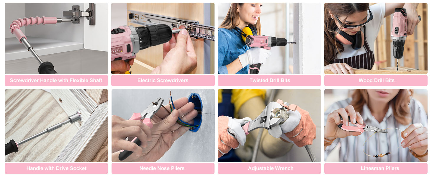 Набір інструментів Sundpey 206 предметів з акумуляторною викруткою 12V, рожевий – для дому та ремонту