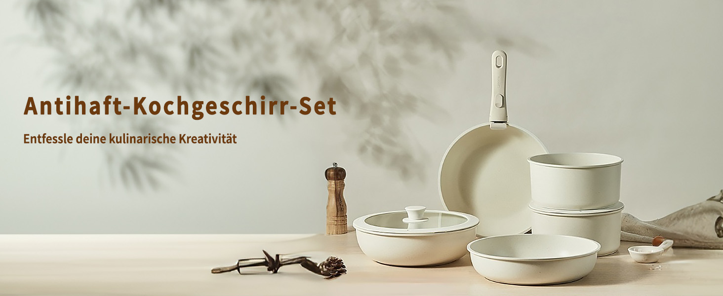 17-ти частинний набір каструль з знімним ручками: Набір посуду Induktion з антипригарним покриттям для всіх типів плит, придатний для миття в посудомийній машині (молочний білий)