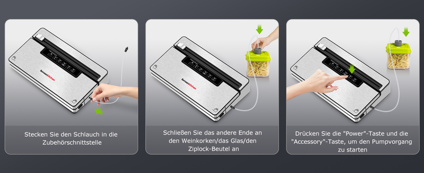 Вакууматор Bonsenkitchen для продуктів, потужний вакуумний пакувальник з 5 режимами, 8 л/хв, сріблястий (комплект: 5 пакетів та 1 рулон)