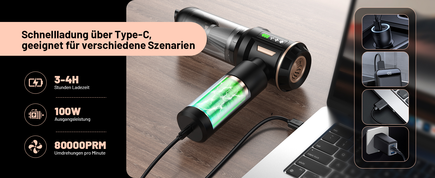 Акумуляторний ручний пилосос Handstaubsauger 28000Па, бездротовий автомобільний пилосос 4-в-1 з безщітковим двигуном та функцією самоочищення, для авто, дому та шерсті тварин, чорний