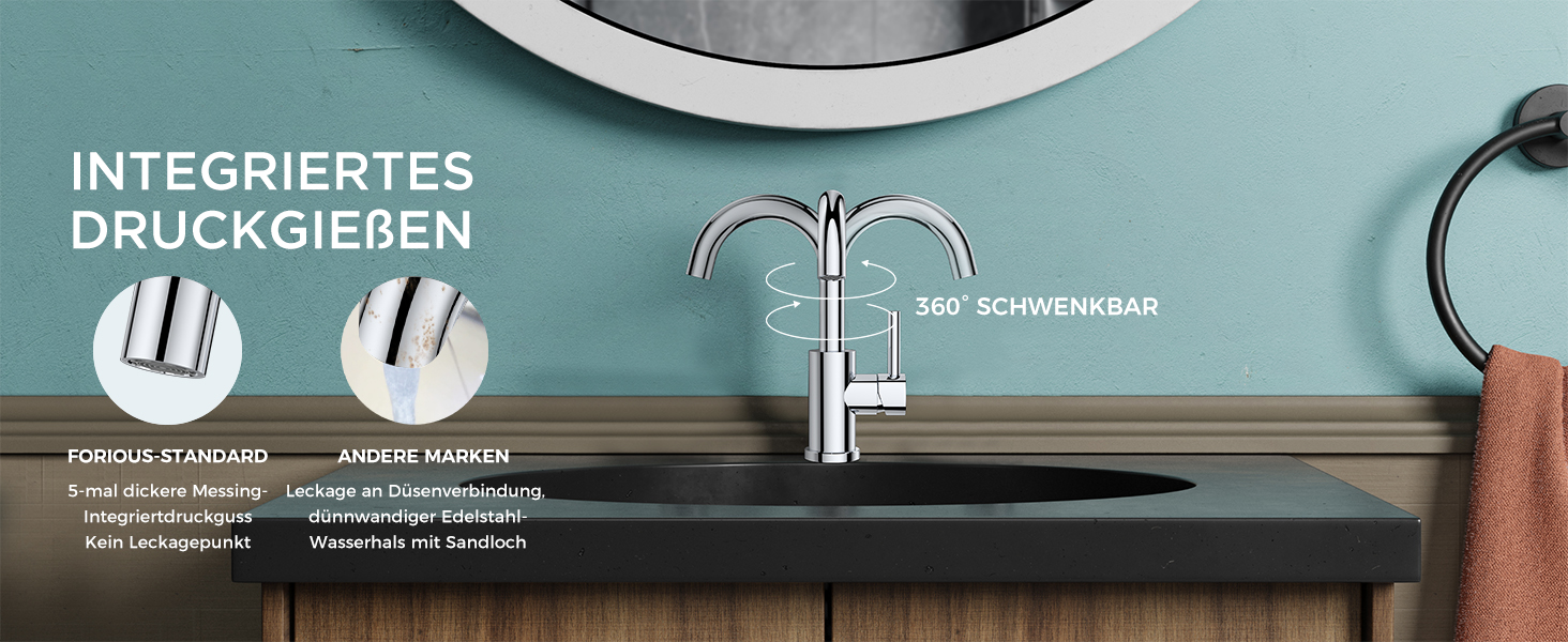 Змішувач для ванної кімнати/кухні FORIOUS Hoch 360° з нержавіючої сталі, з підйомом 175 мм, з підключенням до гарячої та холодної води, полірований хром