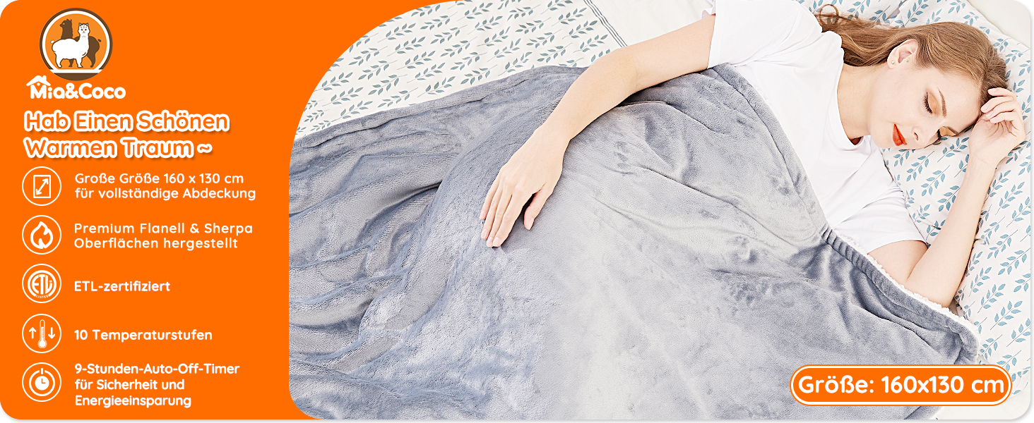 Електрична ковдра Mia&Coco з автовимкненням 160x130 см, 10 рівнів нагріву, таймер 9 год, захист від перегріву, пральна машина, фланелева ковдра для ліжка, дивана та вітальні, сіра, 130x160 см