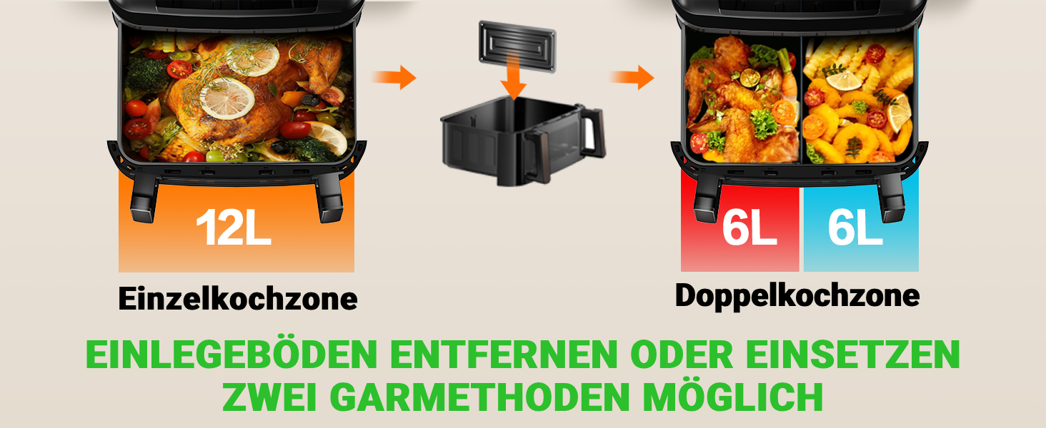 Фритюрниця повітряна XXL, 12л, 8-в-1, з двома камерами, окреме регулювання температури, сенсорний екран, чорний