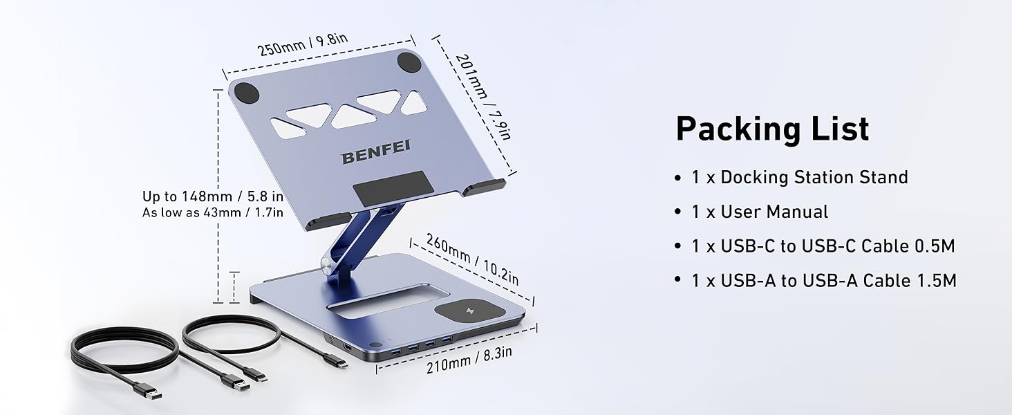 Підставка для ноутбука BENFEI з алюмінію з USB-C док-станцією 6в1, 15W Mag-Safe зарядкою, USB 3.0 KVM Switch, HDMI 4K@60Hz, 4*USB3.0, 100W PD для MacBook Pro/Air iPad Pro XPS Thinkpad