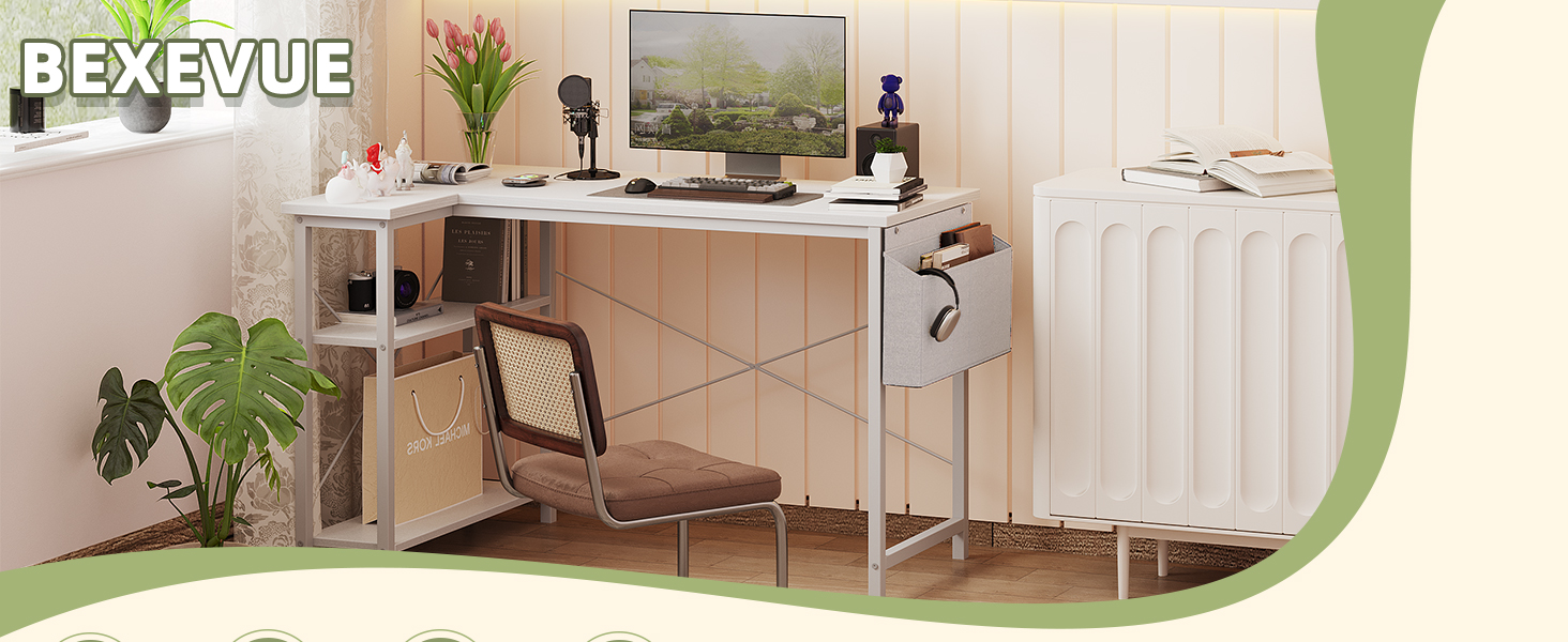 Бексв'ю кутовий стіл L-подібний для геймінгу 100x70 см з полицями, білий. Стіл для комп'ютера, навчання, роботи вдома.