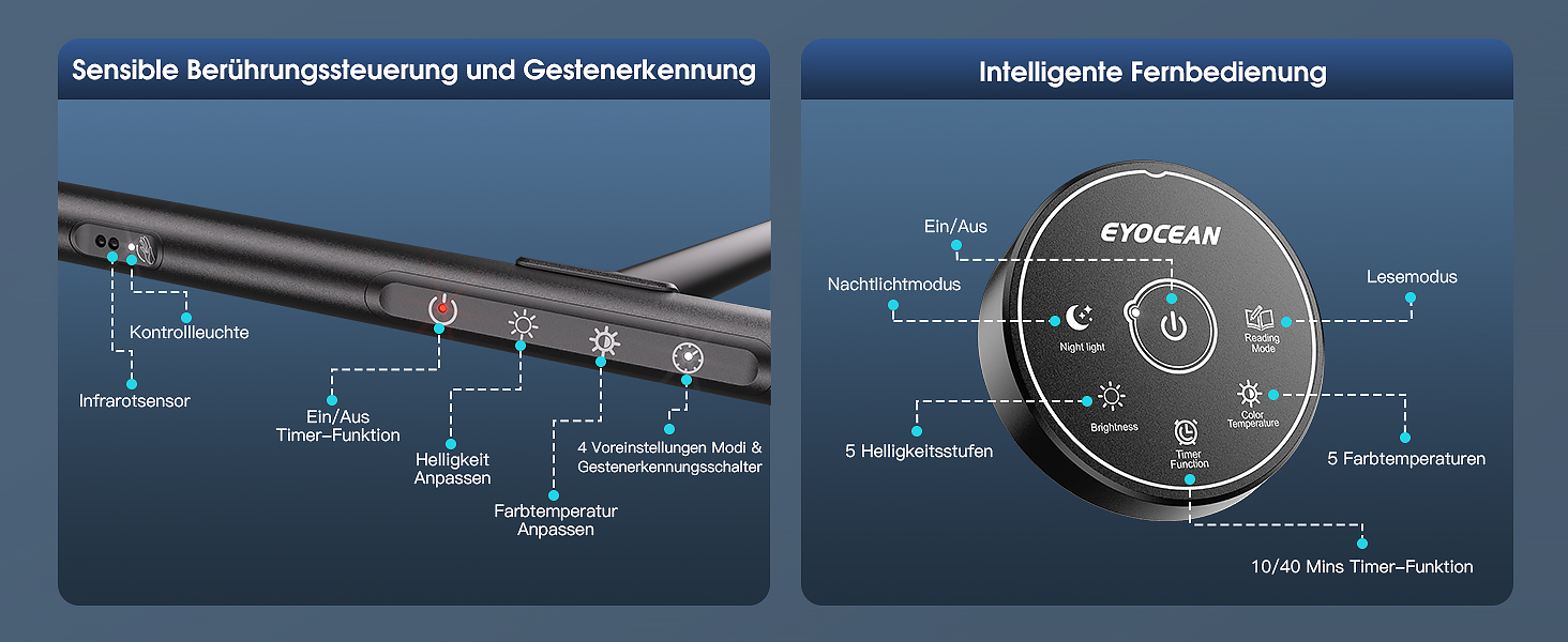 Світлодіодна настільна лампа EYOCEAN, настільна лампа 80 см з дистанційним управлінням і керуванням жестами, лампа денного світла з регульованою яскравістю, лампа для захисту очей, монітор, лампа для арбітра в офісі, рідер, архітектор, Кравець, матовий чорний