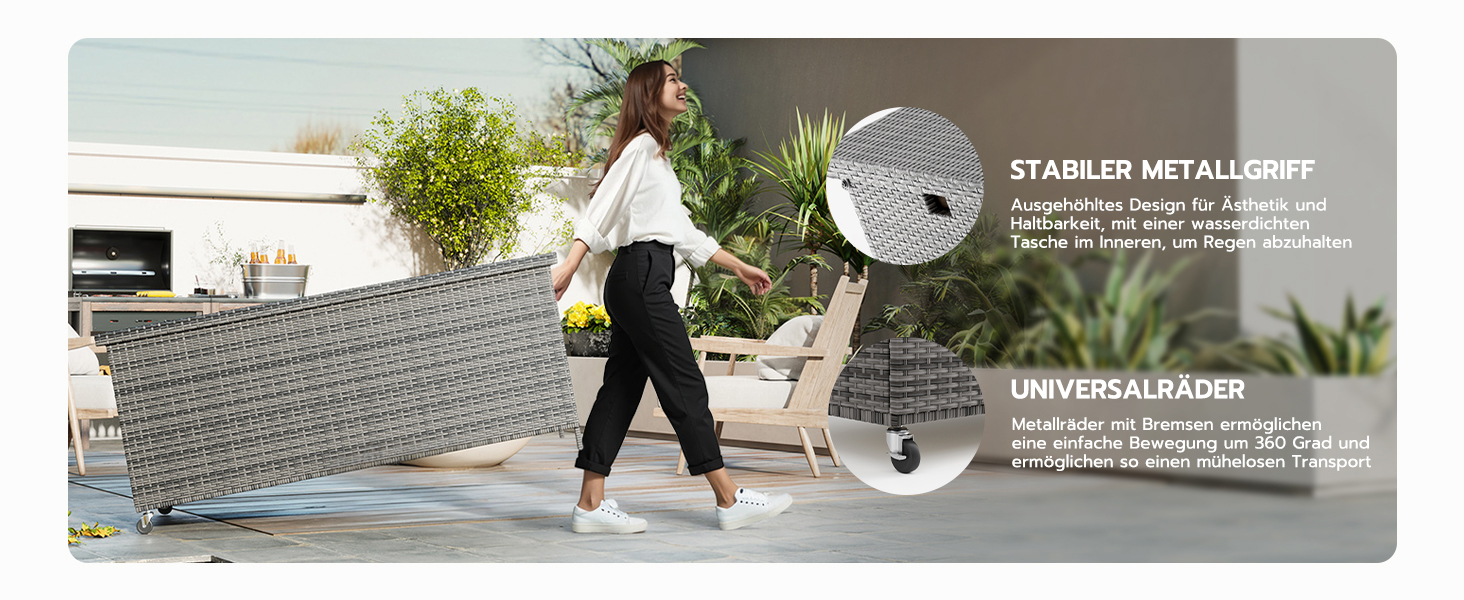 Скриня для подушок садових Polyrattan Amopatio 480л, водонепроникна, з роликами та газліфтом, сіра