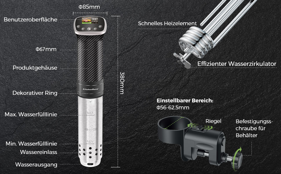 Су-від занурювальний циркулятор KitchenBoss: WiFi, точний контроль температури, керування через додаток, 1100W, діапазон 40-90°C, IPX7, TFT дисплей, тиха робота, карбонове волокно, чорний