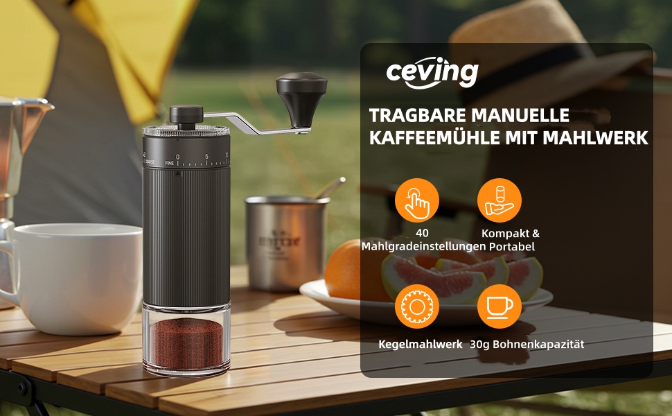 Ручна кавомолка з керамічним жорном, 40 налаштувань помелу, 30г, для еспресо, френч-пресу, подорожей (чорний)