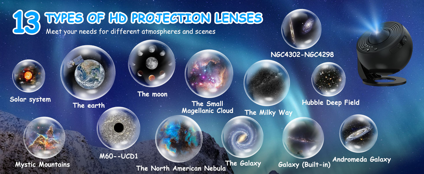 Проектор зоряного неба Planetarium Sternenprojektor: 13 в 1 LED Галактичний проєктор з 12 слайдами для дітей, нічник для спальні, вітальні, вечірки (Чорний)