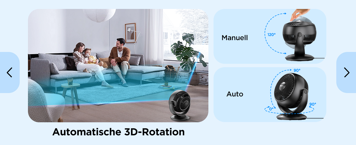 Вентилятор настільний EasyAcc тихий 25дБ з автоколиванням 90°, 3D-турбо, пульт, 3 швидкості, таймер 2-12 год, чорний