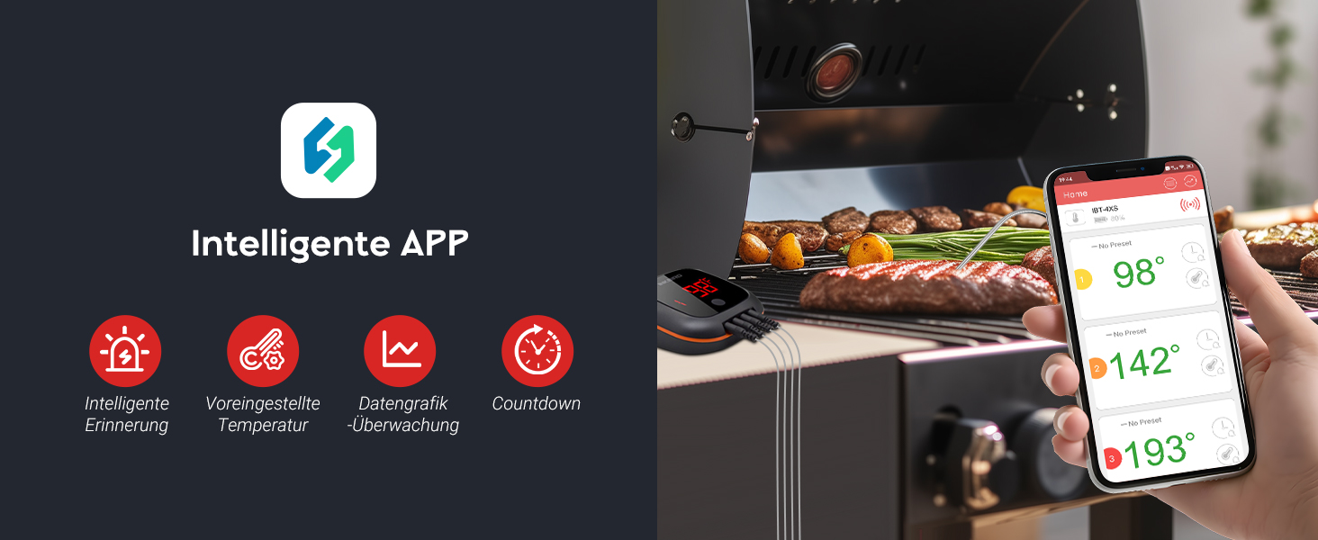 Термометр для гриля Inkbird IBT-4XS Bluetooth з 4 зондами: для BBQ, кухні, гриля, духовки, коптильні