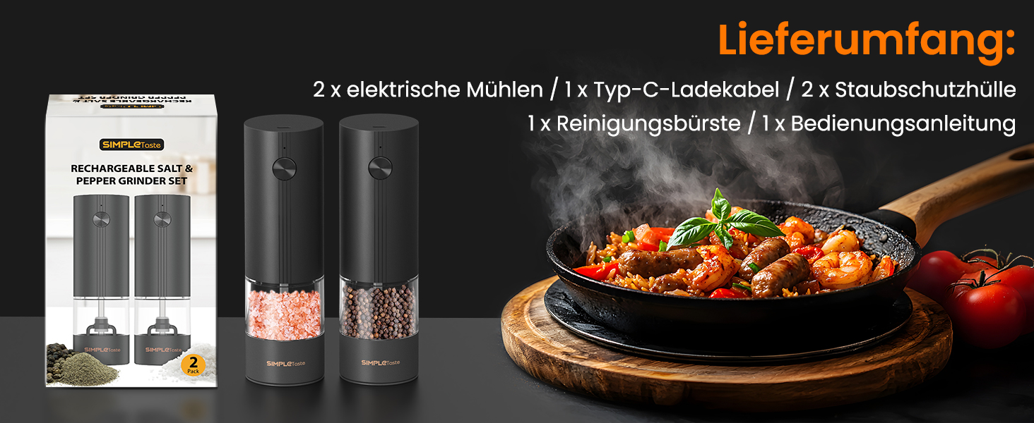 Набір електричних млинків для солі та перцю SIMPLETASTE, USB-аккумуляторні з керамічним механізмом, 2 шт