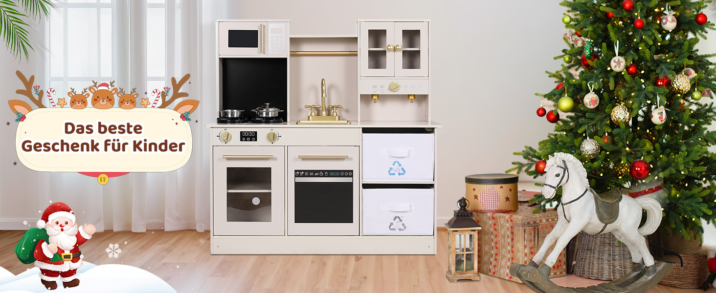 Дерев'яна дитяча кухня MAMIZO з підсвіткою та звуком, 90x30x90 см. Комплект з аксесуарами та 2 ящиками для зберігання. Іграшка для дітей від 3 років, бежевого кольору