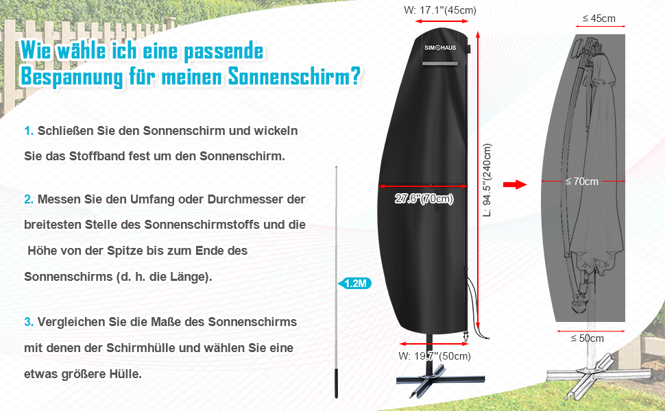 Чохол для парасольки 4м, захисний чохол для парасольки з розкривною тканиною (Ampelschirm) діаметром до 400 см. Захисний чохол для парасольки, чохол для подвійної парасольки, анти-UV, Oxford Fabric, 280x70/70 см (240x45/70/50 см)