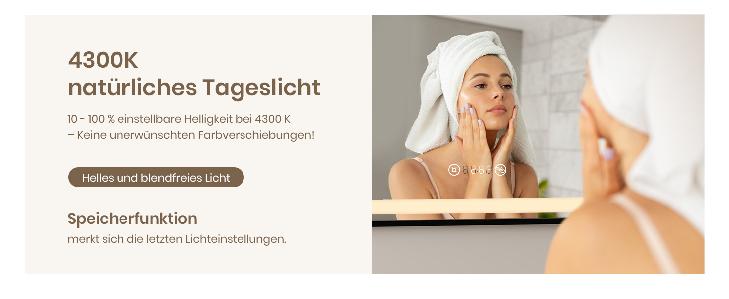 Дзеркало для ванної кімнати EMKE з підсвіткою 70x50 см, чорне, з сенсорним керуванням, регулюванням яскравості, протитуманним покриттям, годинником, функцією пам'яті та нейтральним світлом 4300K, енергозберігаюче, вологостійке (IP44)