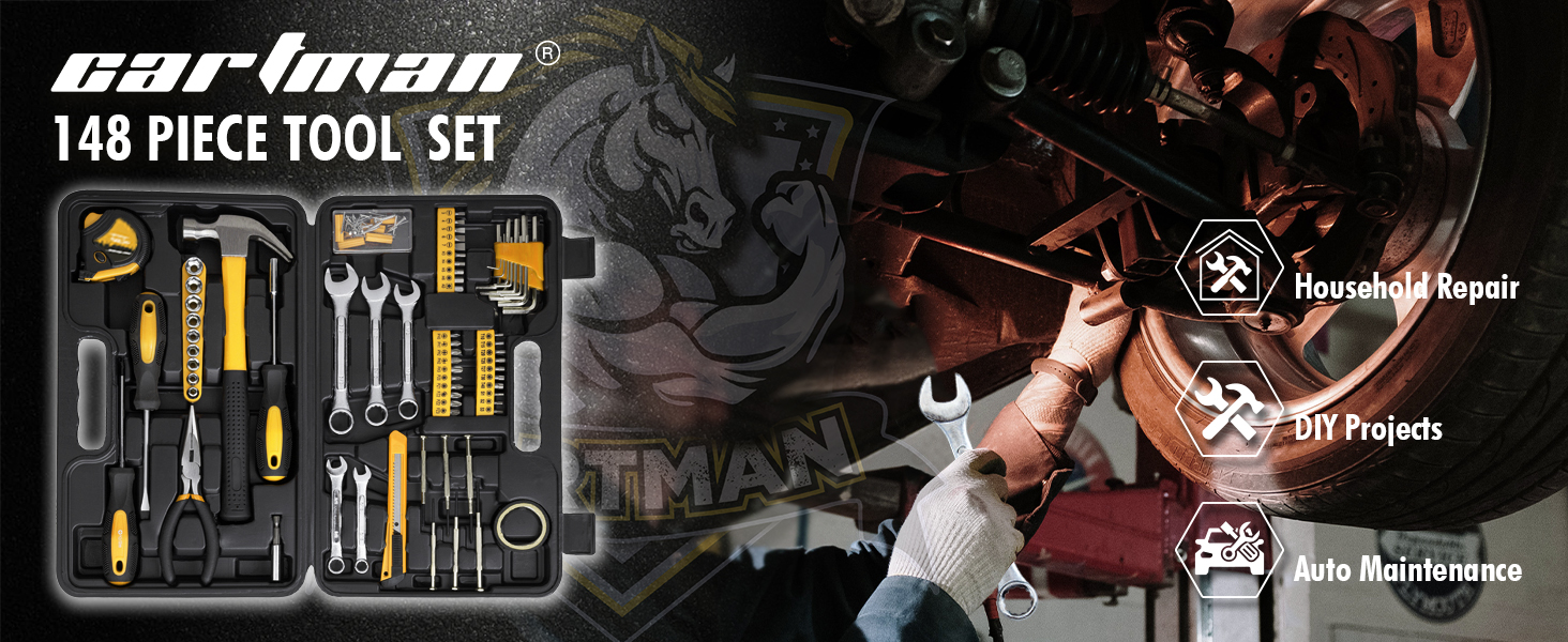 Набір інструментів CARTMAN 148 предметів для дому в пластиковому кейсі, синьо-жовтий