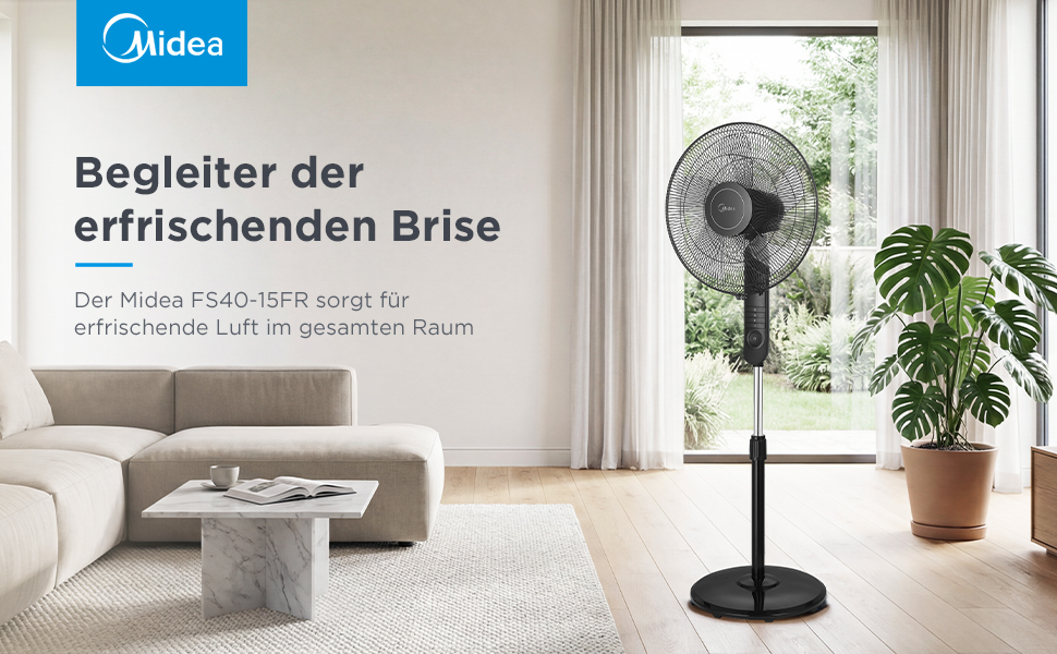 Вентилятор підлоговий Midea FS40-15FR з пультом, 3 режими, LED дисплей, таймер, регульована висота, чорний
