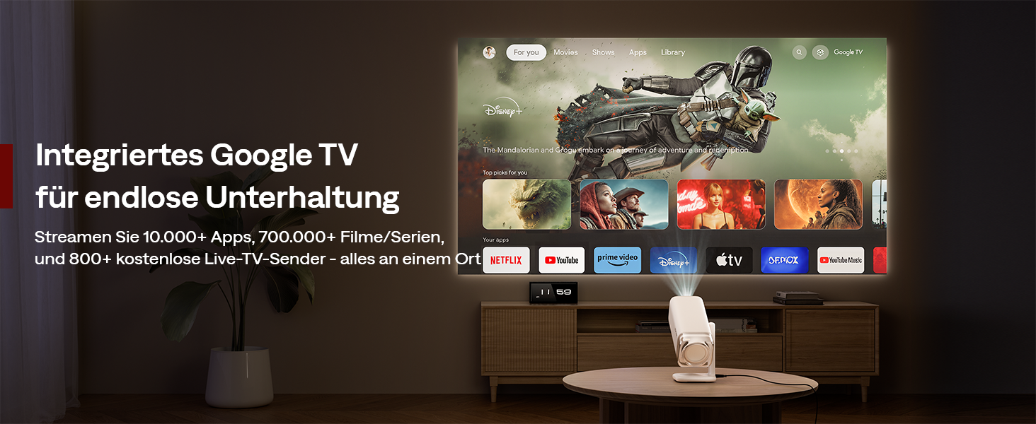 Портативний проєктор Aurzen Boom Air Mini з Google TV та Netflix, 4K, USB-C, Smart, Dolby Audio, WiFi, Bluetooth, автофокус TOF, поворотний штатив, кремово-білий