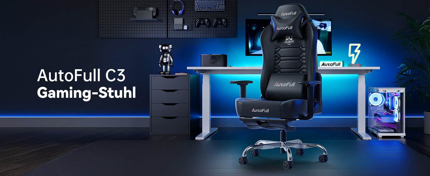 Ігровий крісло AutoFull C3: ергономічне, з 2D підлокітниками, підставкою для ніг, подушками для голови та попереку | Макс. вага 150 кг | Чорний зразок тканини