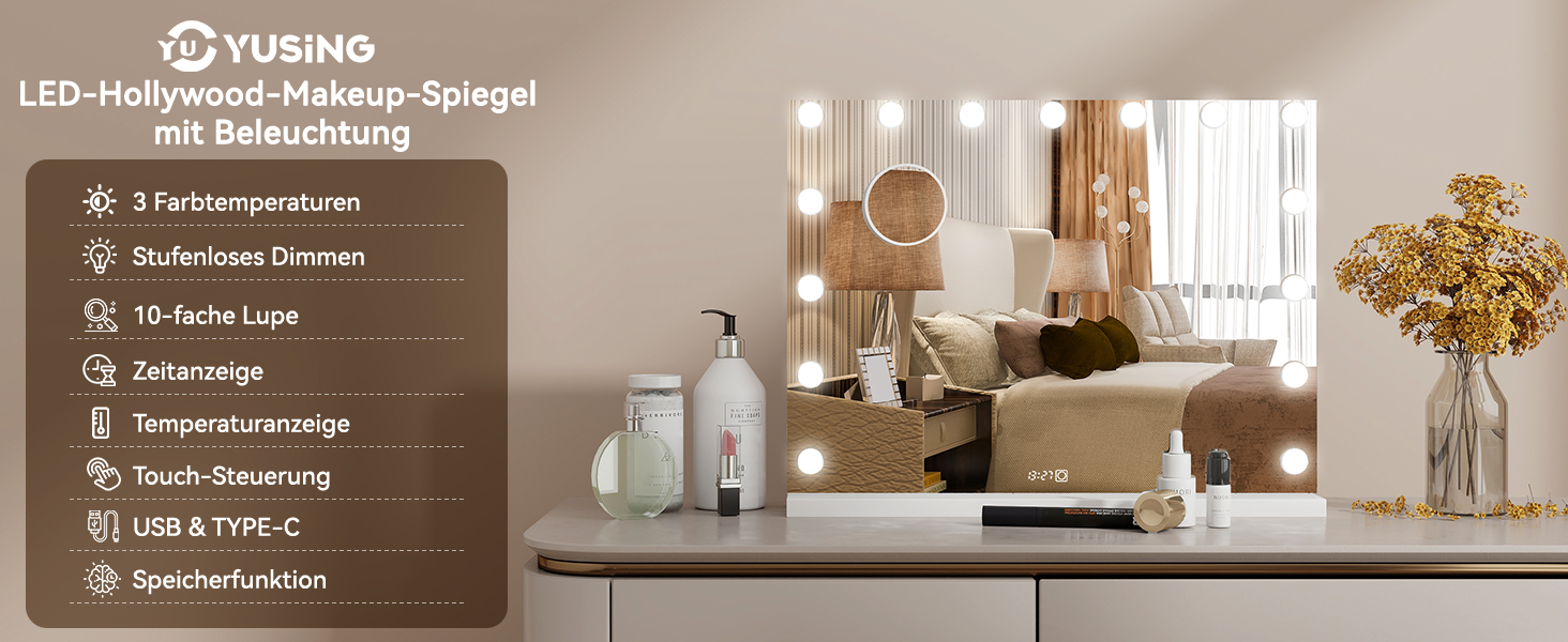 Дзеркало для макіяжу YU YUSING з підсвічуванням 58x45 см, 15 LED, 3 кольори, 10x збільшення, USB Type-C, для ванної кімнати та туалетного столика