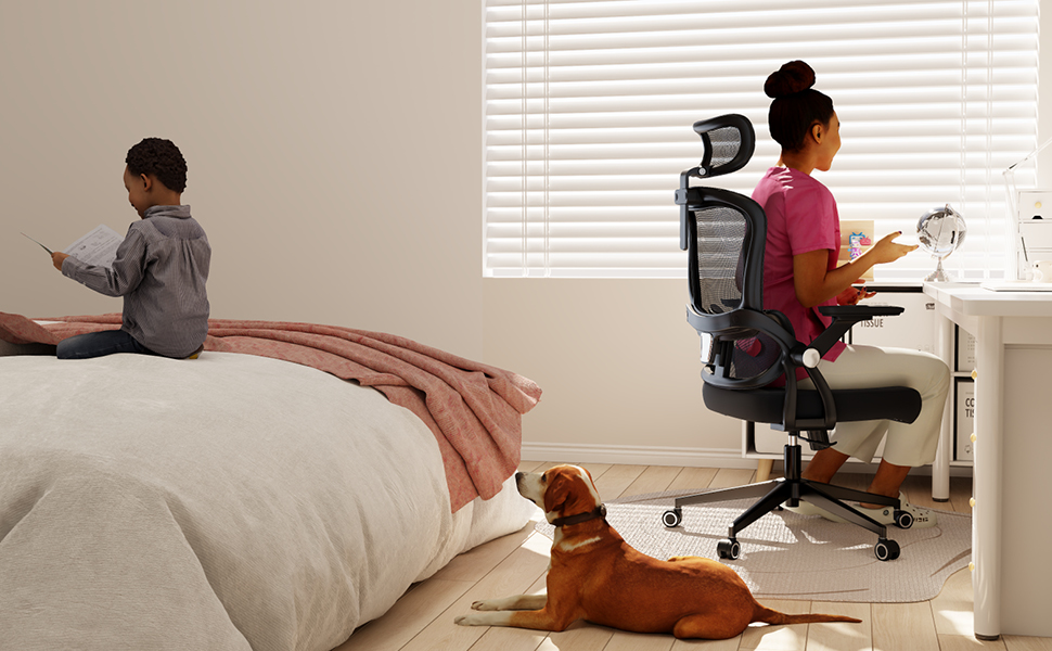 Офісний стіл-крісло Monhey з регулюванням висоти, поворотне з відкидними підлокітниками, дихаюча сітка, регульована підголовник та інтелектуальна підтримка попереку – для дому/офісу, чорний