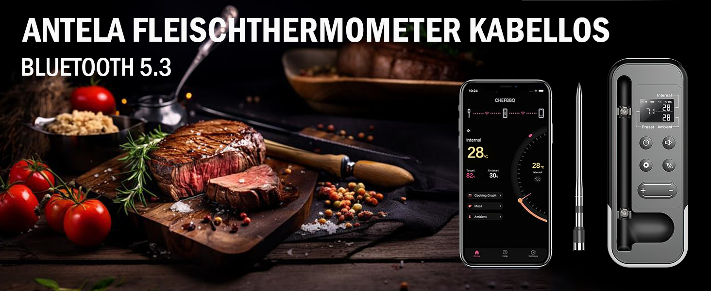 Бездротовий термометр для м'яса ANTELA з Bluetooth 200M, LCD дисплеєм, сигналом та APP, для приготування на грилі, BBQ та в духовці