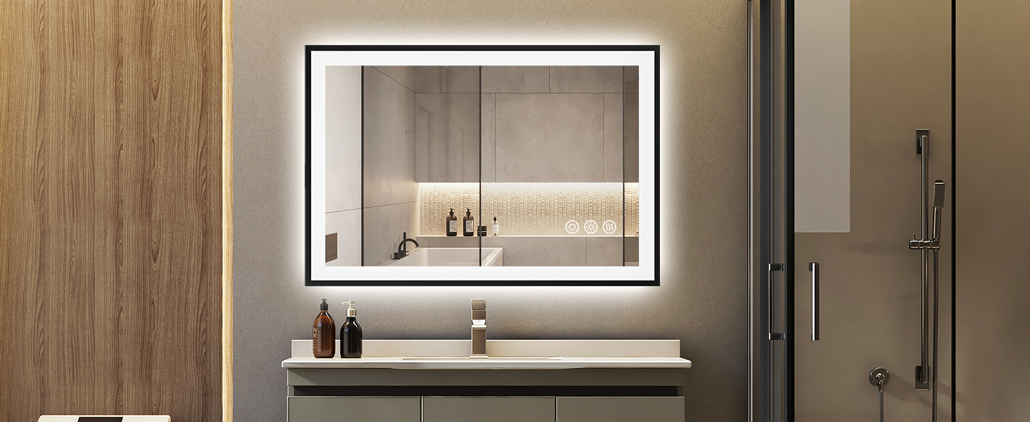 Дзеркало для ванної кімнати ChillCruiser LED круглої форми 50 см з чорною рамою, антизапар, 3 кольори, функція пам'яті