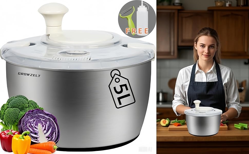 Салатниця-центрифуга XXL з нержавіючої сталі 5л, з очищувачем та пляшкою для віджиму - придатна для миття в посудомийній машині - ідеальна велика салатниця для миття та сушіння салату