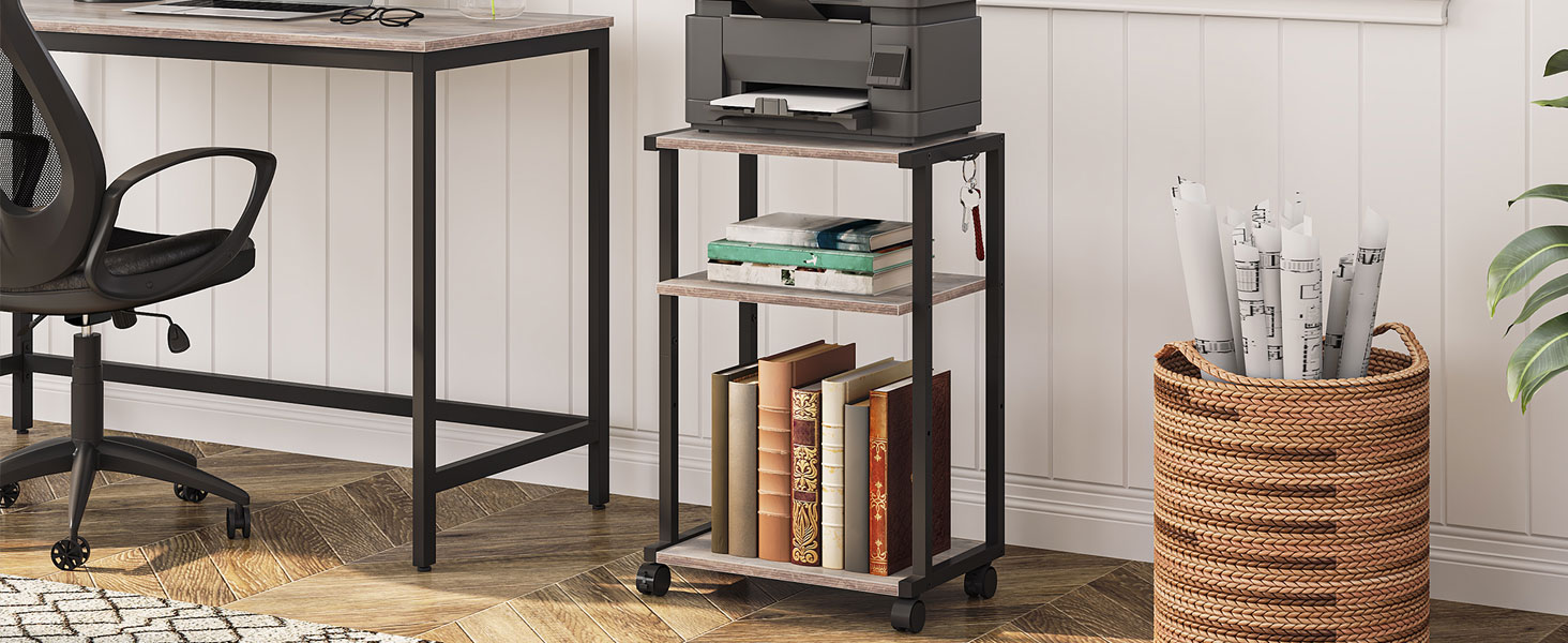 HOOBRO Стіл для принтера з 3 ящиками, регульована висота, на колесах, 42 x 28 x 64 см, для офісу, сканера, копіювального апарату, принтера