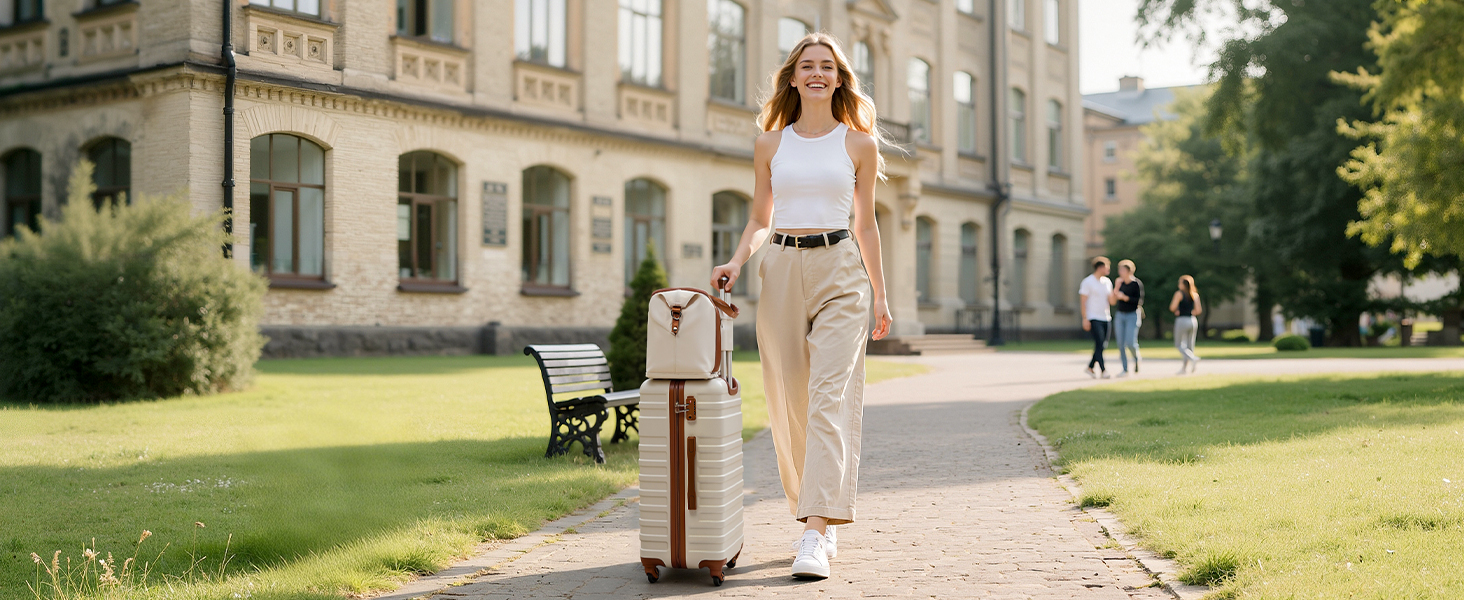 Набір валіз COOLIFE 3шт: велика валіза, сумка для подорожей, культиватор. ABS, TSA-замок, 4 колеса. Білий/коричневий.