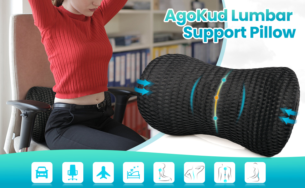 Подушка для попереку AgoKud: підтримка спини для офісного крісла та авто, Memory Foam, чорний колір