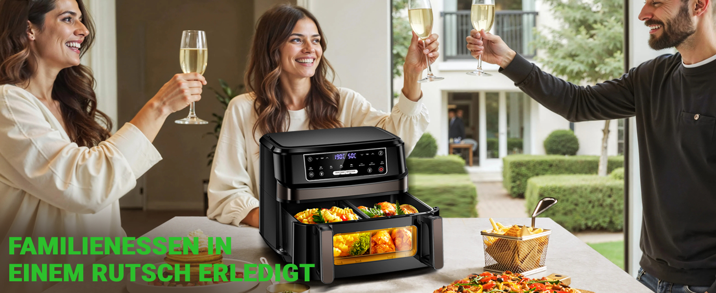 Фритюрниця повітряна XXL, 12л, 8-в-1, з двома камерами, окреме регулювання температури, сенсорний екран, чорний