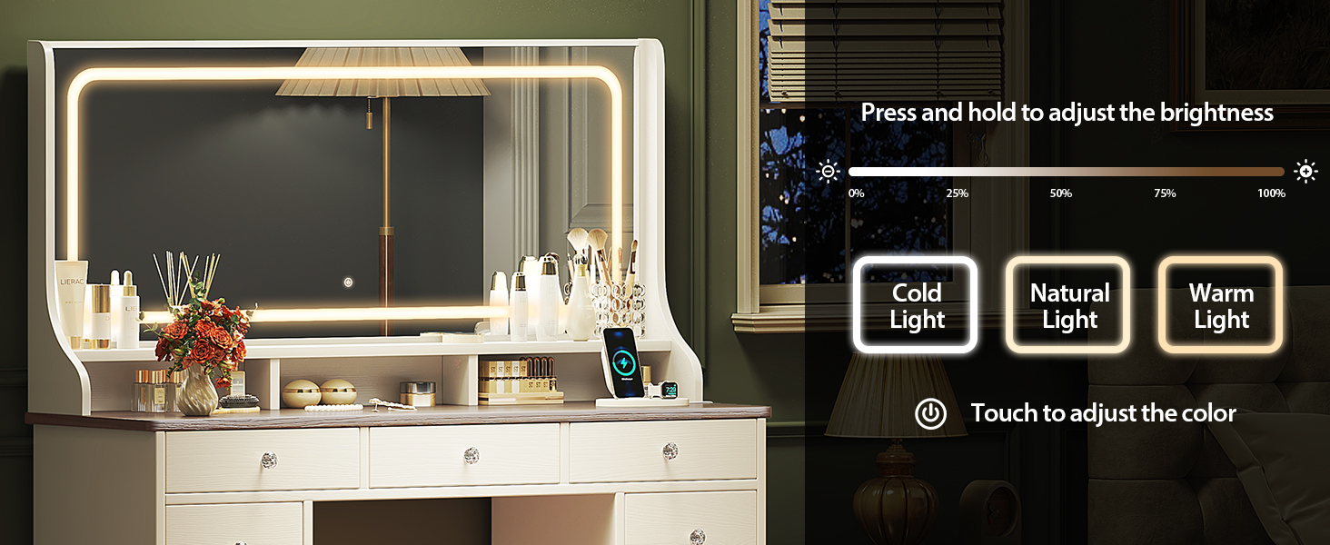 Дзеркальний туалетний столик Dripex з підсвічуванням, 11 шухляд, великий LED-дзеркало, розетка, регульована яскравість, білий (110см, вінтажний коричневий)