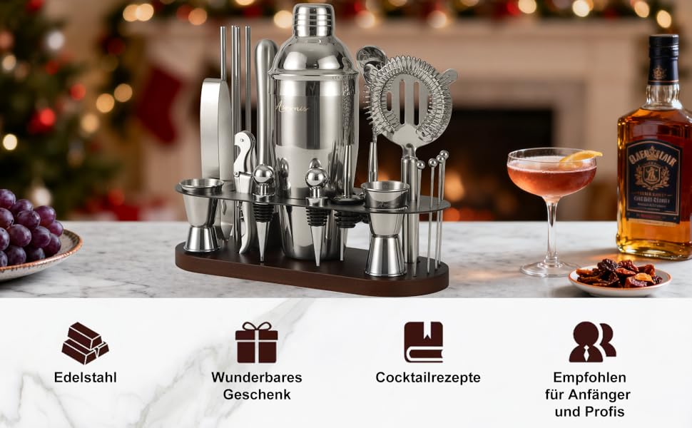 Набір бармена на 23 деталі з підставкою: шейкер, сито, ложка, мадлер. Ідеально для дому, бару, вечірки. (Шоколадний)