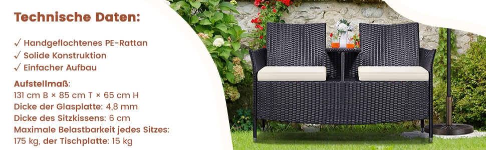 Садовий комплект Yaheetech: двомісна банкетка з столом з поліротангу, чорно-бежевий, 131x65,5x85 см, вантажопідйомність 350 кг