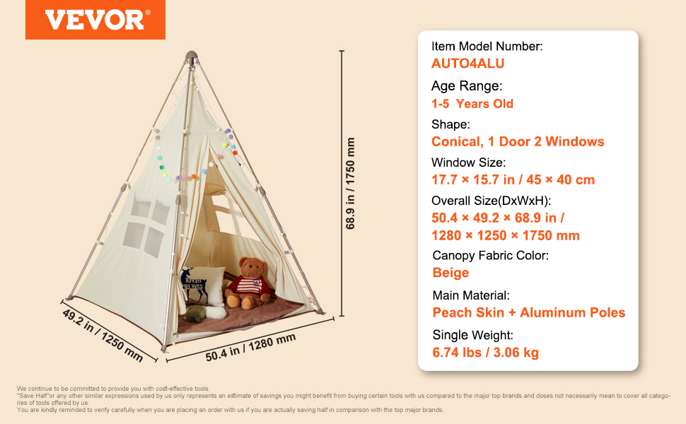 Дитячий намет VEVOR Tipi для дітей 1-5 років, розкладний намет з килимком та сумкою, з вікнами, для хлопчиків та дівчаток, бежевий
