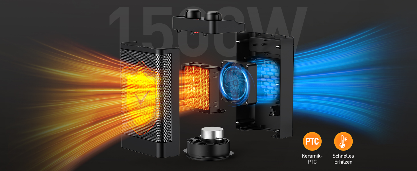 Електричний обігрівач з керамічним нагрівачем, 1500 Вт, 3 режими, осциляція 70°, захист від перекидання, тихий обігрівач для офісу, вітальні, спальні