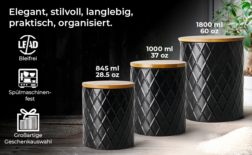 Набір з 3 вазочок для зберігання Miamio Palmanova, кераміка з дерев'яним кришкою, білий та чорний