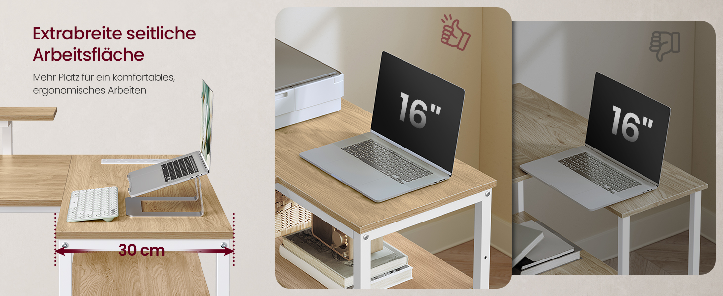 Кутовий комп'ютерний стіл VASAGLE L-подібний з розетками, 4 шухляди, USB, 160x80 см, колір натуральний дуб LWD173KD01