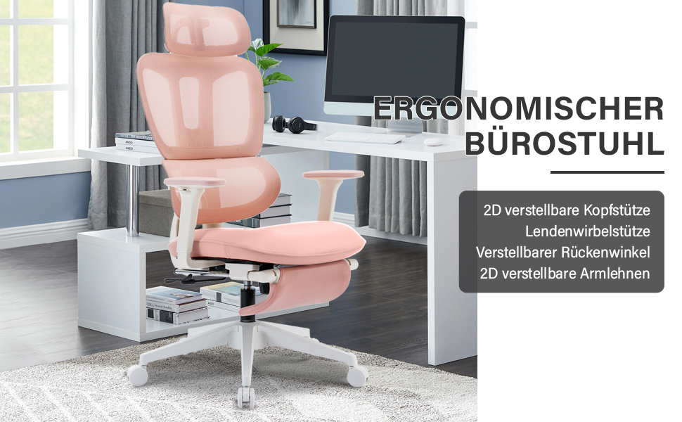 Ергономічне крісло для офісу з підніжкою, висока спинка, 2D-підголівник, відкидні підлокітники, сидіння з губки, сітчастий крісло для офісу, крісло для начальника, комп'ютерне крісло для дорослих (рожеве)