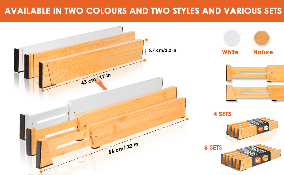 Органайзери для шухляд MUUKAIII (6 шт.) - бамбукові роздільники для шухляд, 43-56 см, 6 см висота, для кухні та шафи - білий
