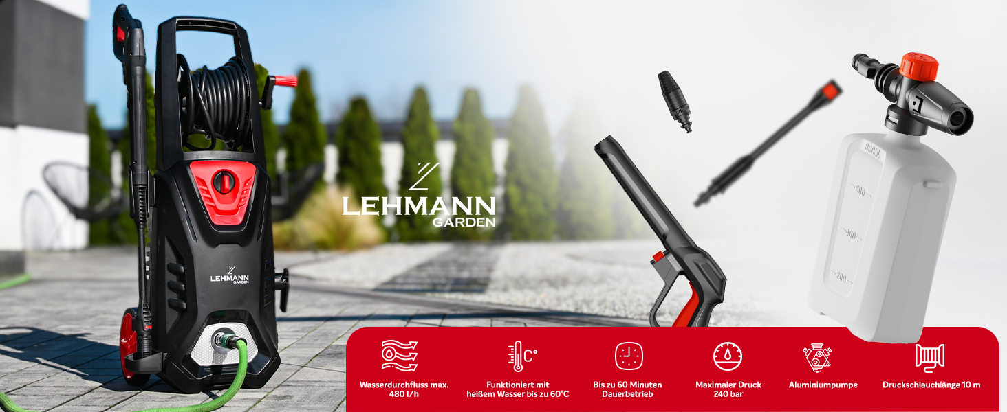 Високотискний мийник Lehmann з алюмінієвим насосом, 240 бар, 480 л/год, 2200 Вт, шланг 10м, компактний очисник площ (Missouri)