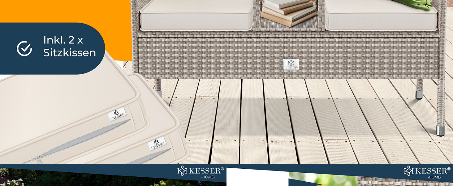 Садовий диван KESSER® з ротангу на 2 особи з вбудованим столиком, 143×63×88 см - стійкий до погодних умов, комплект з подушками та чохлами, антрацит